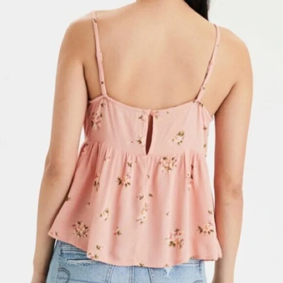 AMERICAN EAGLE Cowl Neck Babydoll Top Peach Pink / Orange Green Floral Boho Tank - Picture 3 of 16